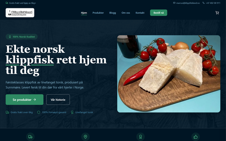 Ekte nettbutikk bygget av Elvant for Klippfiskland, klippfiskprodusent på Sunnmøre