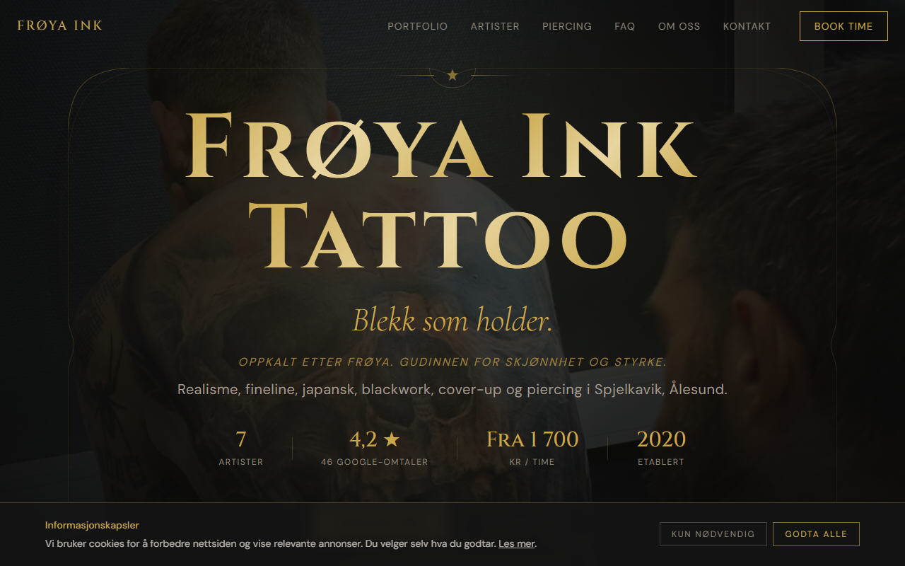 Ekte nettside bygget av Elvant for Frøya Ink tatoveringsstudio
